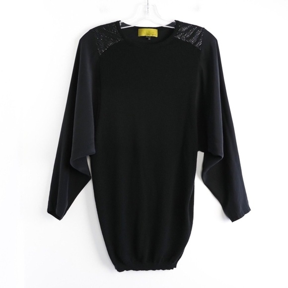 Nicole Miller Sweaters - Nicole Miller black batwing sweater long knit top sequin silk tunic mixed fabric